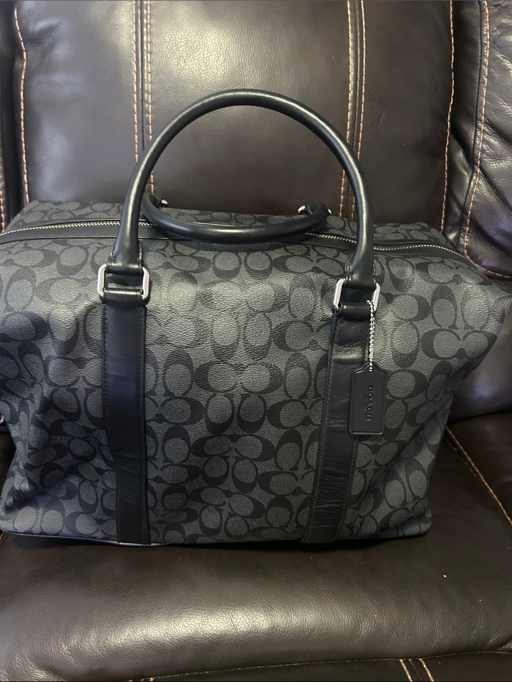 Coach Men’s Black and Charcoal Signature Duffel Bag